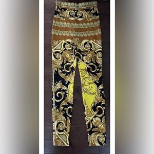 3K New Versace Black White Yellow Logo Skinny Legging Stretch Pants 46 Size 8